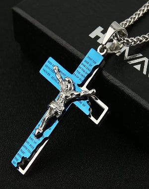 Men's Stainless Steel Cross Crucifix Bible Prayer Pendant Necklace 22+2" Chain