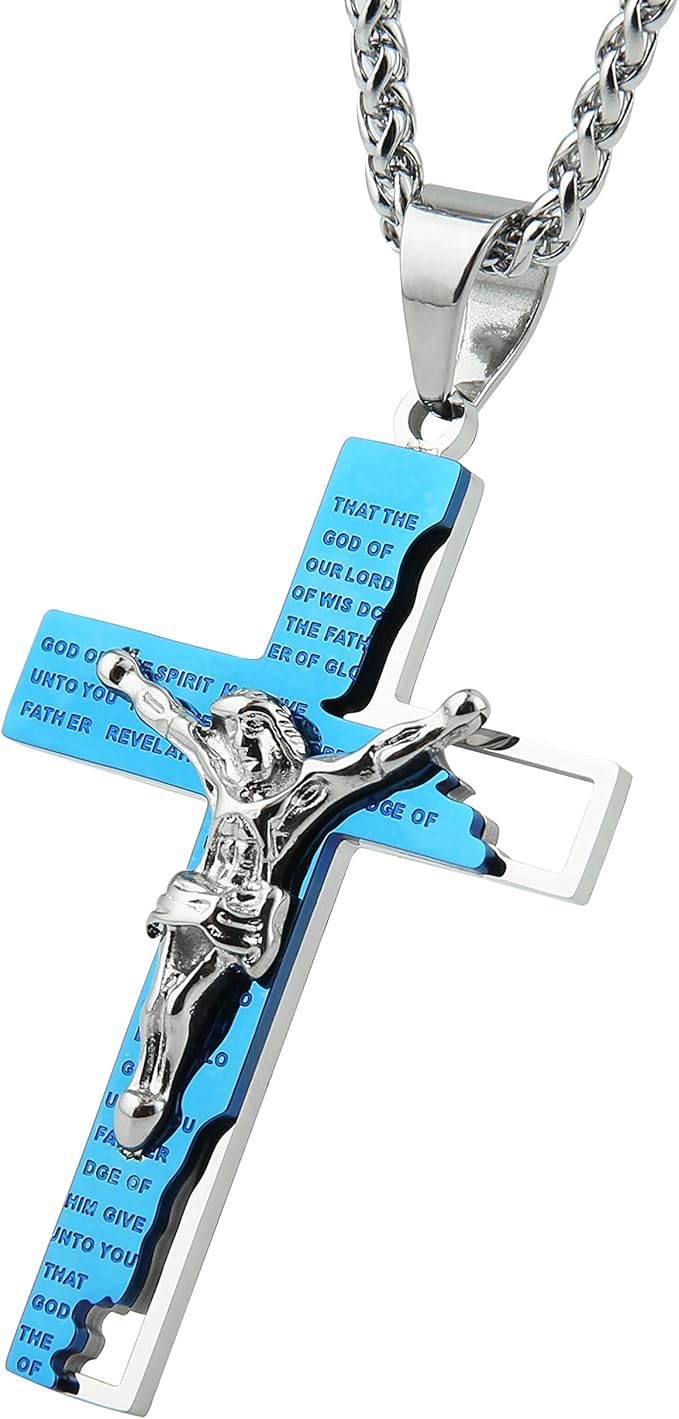 Men's Stainless Steel Cross Crucifix Bible Prayer Pendant Necklace 22+2" Chain