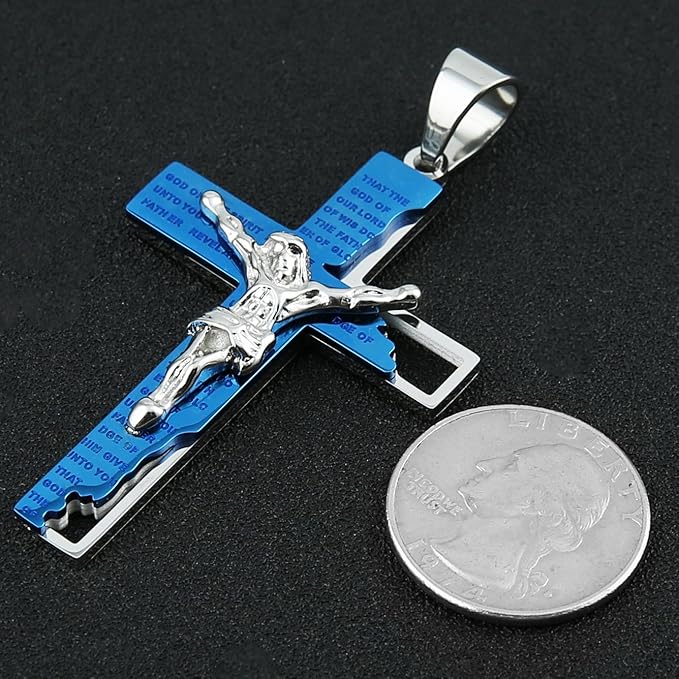 Men's Stainless Steel Cross Crucifix Bible Prayer Pendant Necklace 22+2" Chain