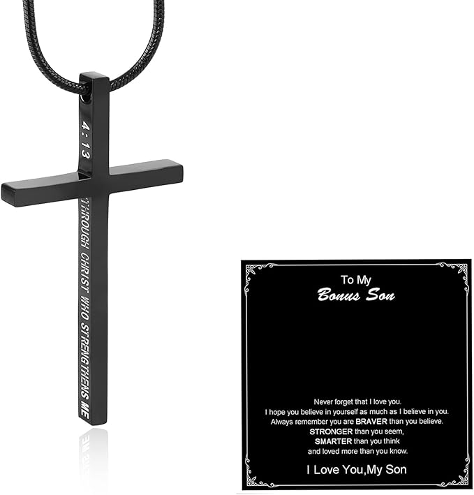 Philippians 4:13 Cross Pendant STRENGTH Bible Verse Stainless Steel Necklace