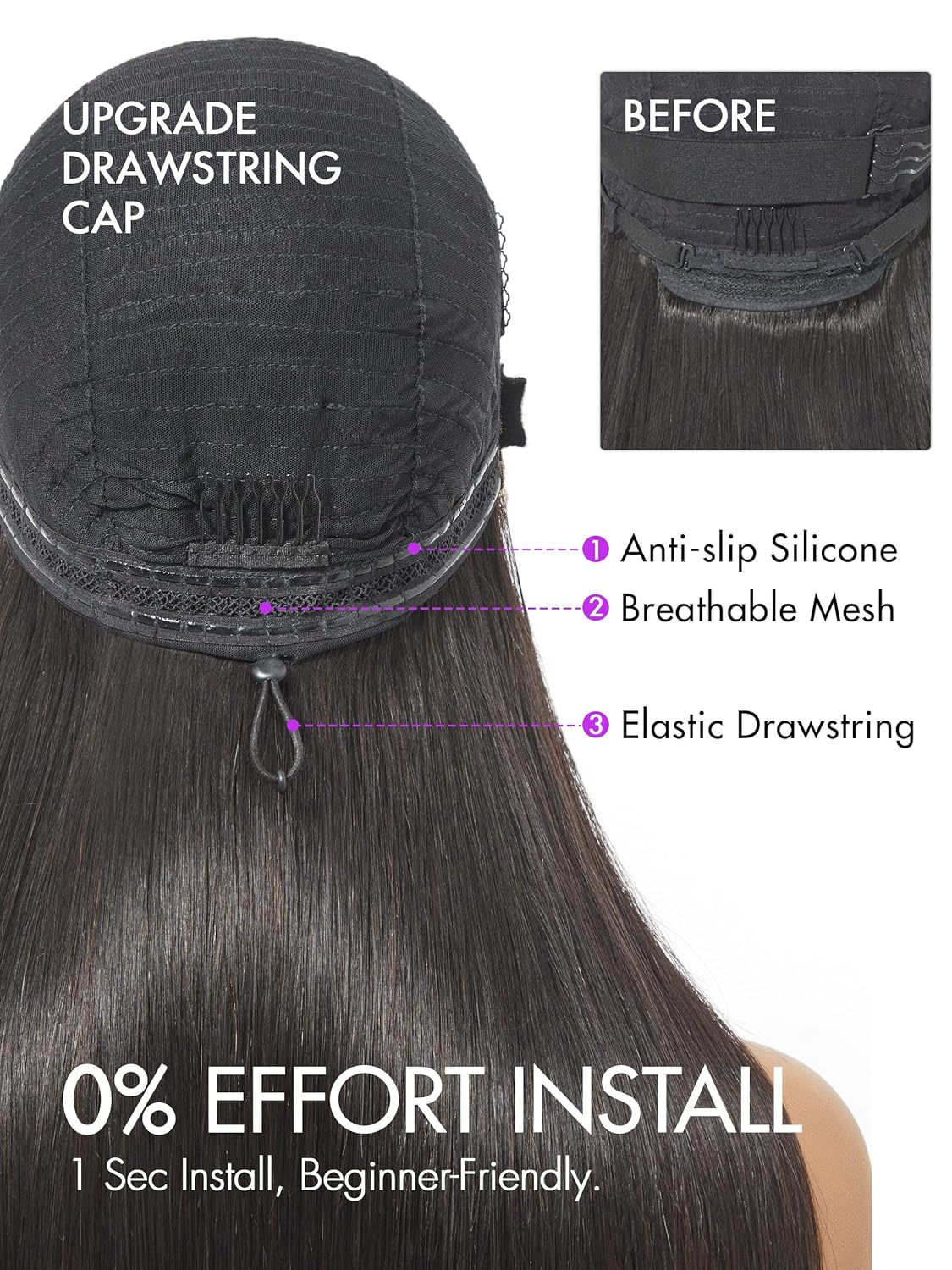 Flexi-Fit Invisi Drawstring Wig 13x4 Lace Wig PreMax Lace Wigs Silky Straight Lace Front Wigs Human Hair Pre Cut Plucked Lace Frontal 18 Inches Natural Black