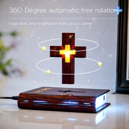 Magnetic Levitation Floating Colorful Cross LED Night Light | 360° Rotating RGB Lamp with Illuminated Wood