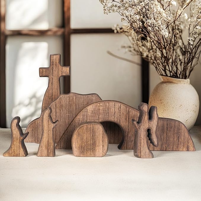 Empty Tomb Scene Decor with Cross, Wooden Jesus Tiered Tray Bundle for Home Office Tabletop