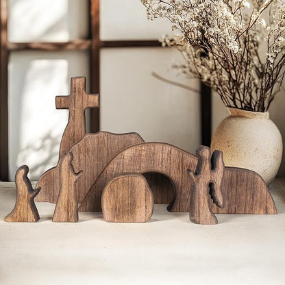 Empty Tomb Scene Decor with Cross, Wooden Jesus Tiered Tray Bundle for Home Office Tabletop