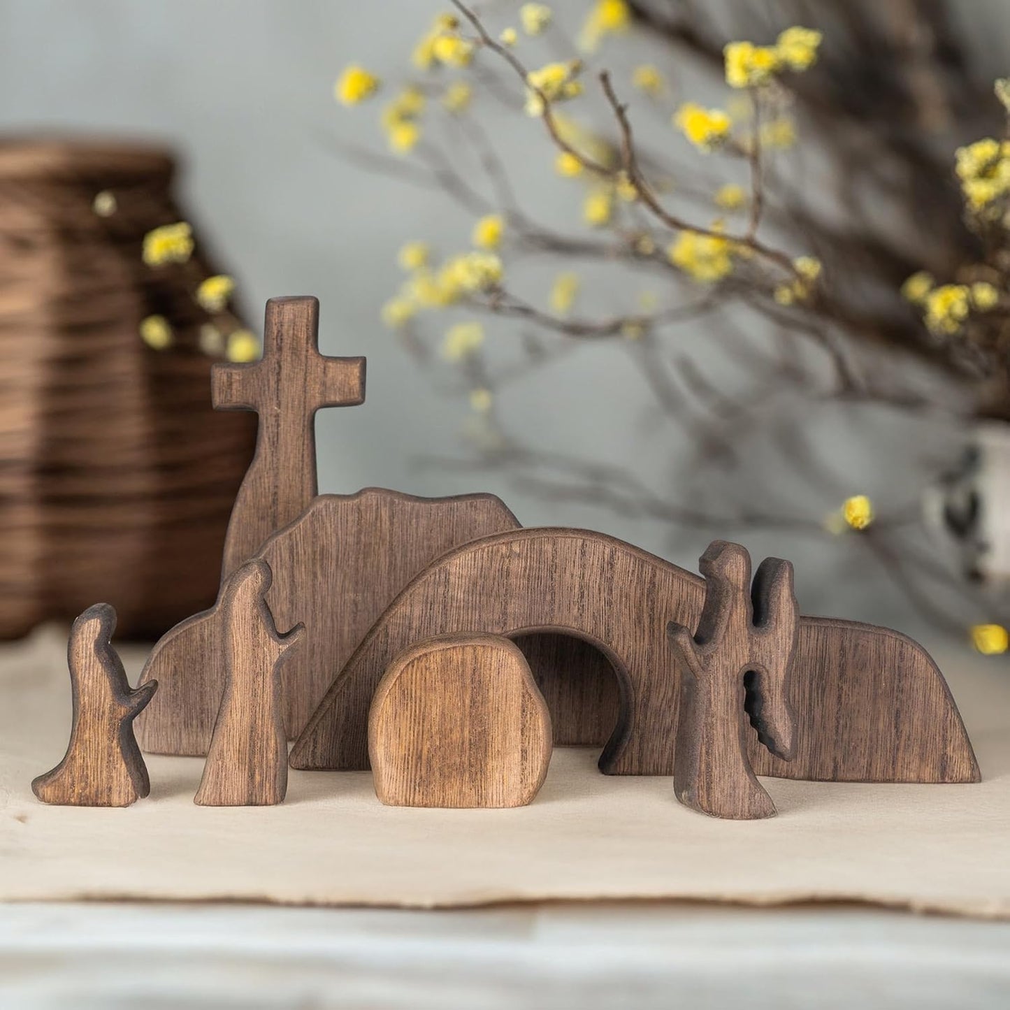 Empty Tomb Scene Decor with Cross, Wooden Jesus Tiered Tray Bundle for Home Office Tabletop