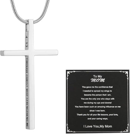 Philippians 4:13 Cross Pendant STRENGTH Bible Verse Stainless Steel Necklace