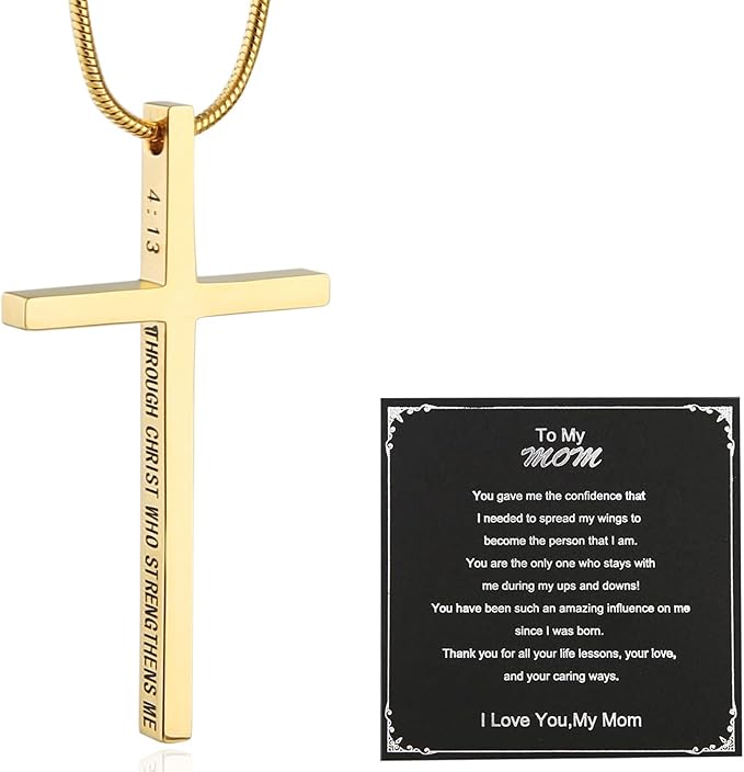 Philippians 4:13 Cross Pendant STRENGTH Bible Verse Stainless Steel Necklace