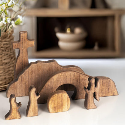 Empty Tomb Scene Decor with Cross, Wooden Jesus Tiered Tray Bundle for Home Office Tabletop