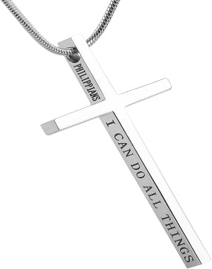 Philippians 4:13 Cross Pendant STRENGTH Bible Verse Stainless Steel Necklace