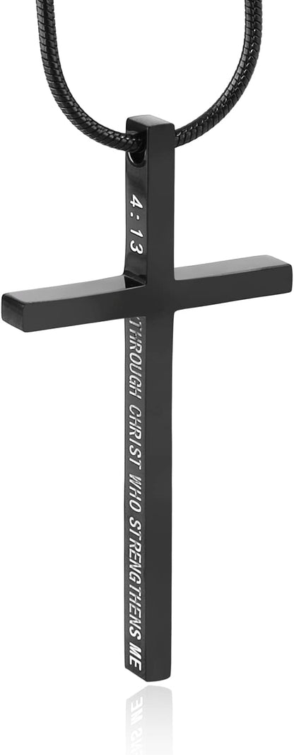 Philippians 4:13 Cross Pendant STRENGTH Bible Verse Stainless Steel Necklace
