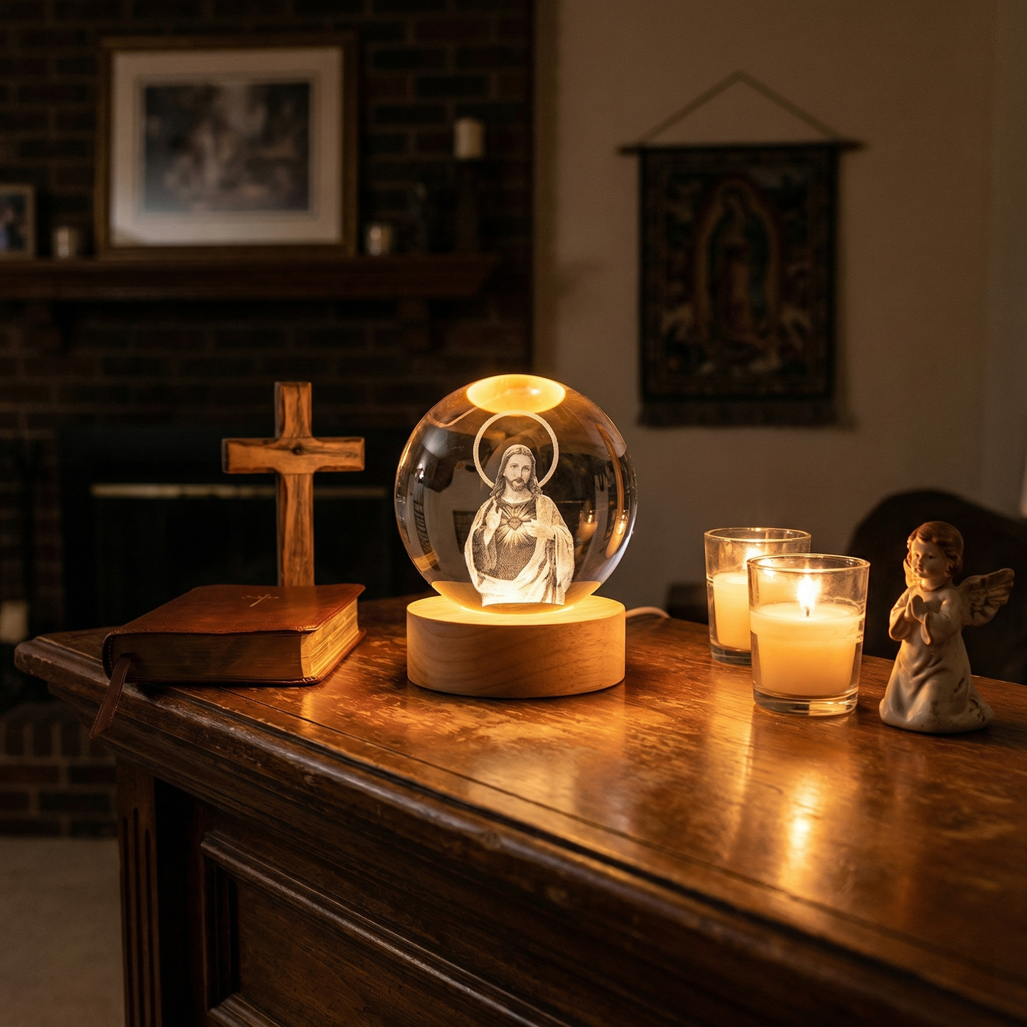Glow Crystal Ball 3D Jesus Nativity LED Night Light with Wooden Base Perfect Christian Home