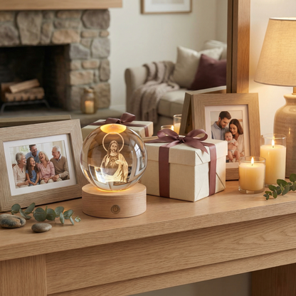 Glow Crystal Ball 3D Jesus Nativity LED Night Light with Wooden Base Perfect Christian Home
