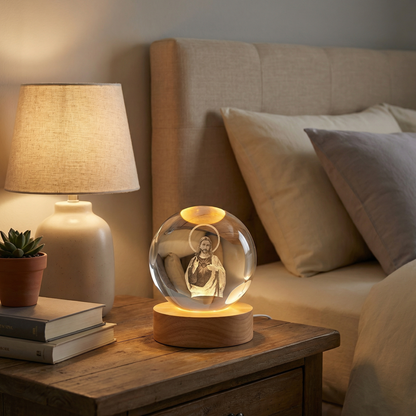 Glow Crystal Ball 3D Jesus Nativity LED Night Light with Wooden Base Perfect Christian Home