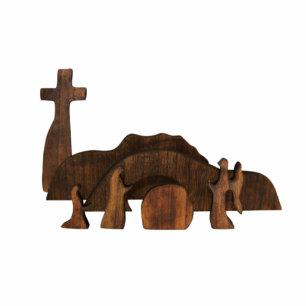 Empty Tomb Scene Decor with Cross, Wooden Jesus Tiered Tray Bundle for Home Office Tabletop