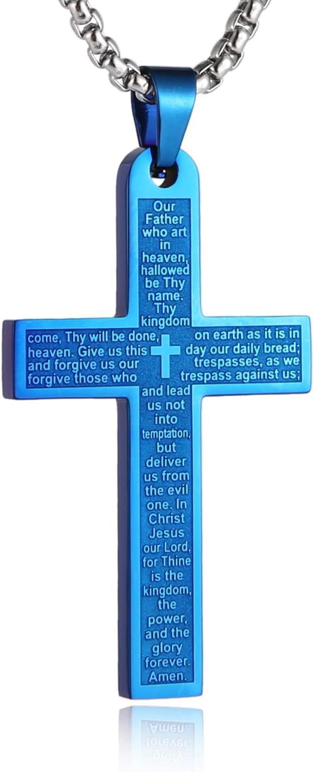 Stainless Steel Mens Womens Cross Necklace Lord's Prayer Pendant 4 Colors Available
