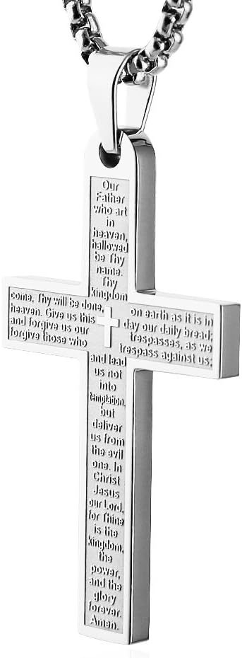 Stainless Steel Mens Womens Cross Necklace Lord's Prayer Pendant 4 Colors Available