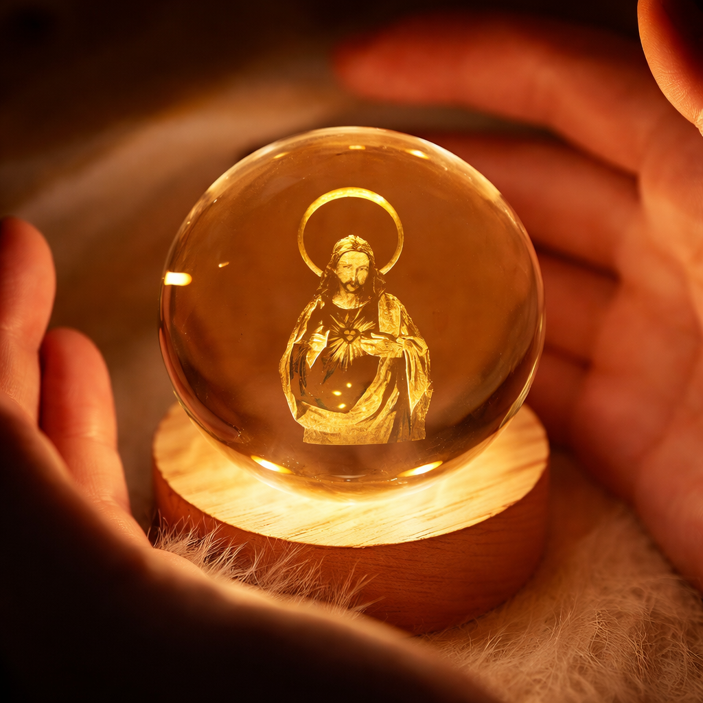 Glow Crystal Ball 3D Jesus Nativity LED Night Light with Wooden Base Perfect Christian Home