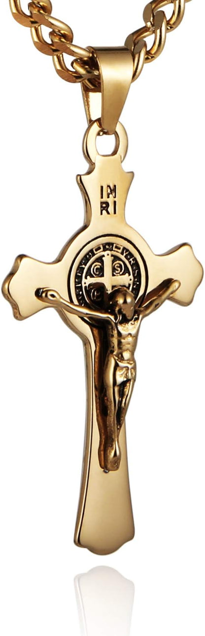Stainless Steel Saint Benedict Crucifix Cross Pendant Necklace for Men or Women Retro Religious Christian Faith Cross Necklace
