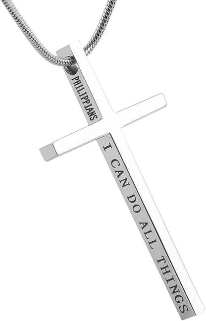 Philippians 4:13 Cross Pendant STRENGTH Bible Verse Stainless Steel Necklace