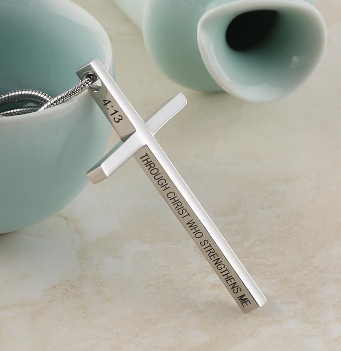 Philippians 4:13 Cross Pendant STRENGTH Bible Verse Stainless Steel Necklace