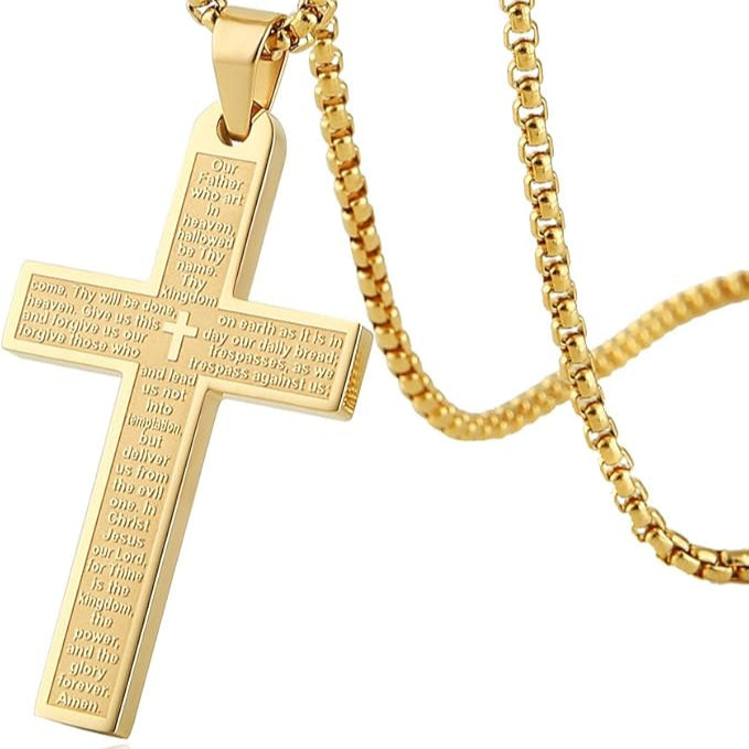 Stainless Steel Mens Womens Cross Necklace Lord's Prayer Pendant 4 Colors Available