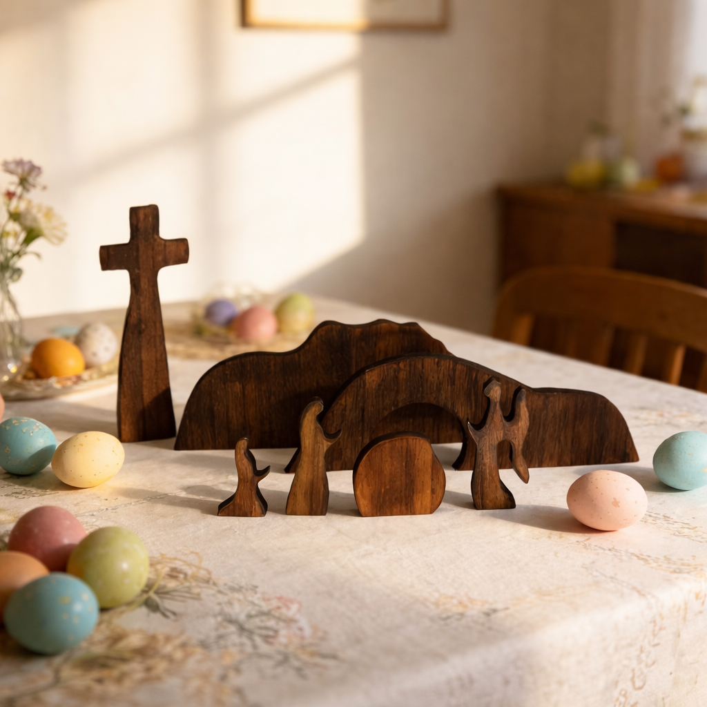 Empty Tomb Scene Decor with Cross, Wooden Jesus Tiered Tray Bundle for Home Office Tabletop