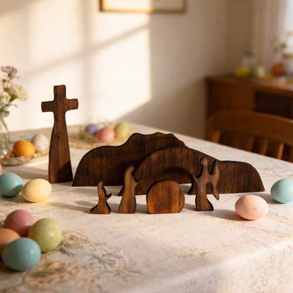 Empty Tomb Scene Decor with Cross, Wooden Jesus Tiered Tray Bundle for Home Office Tabletop