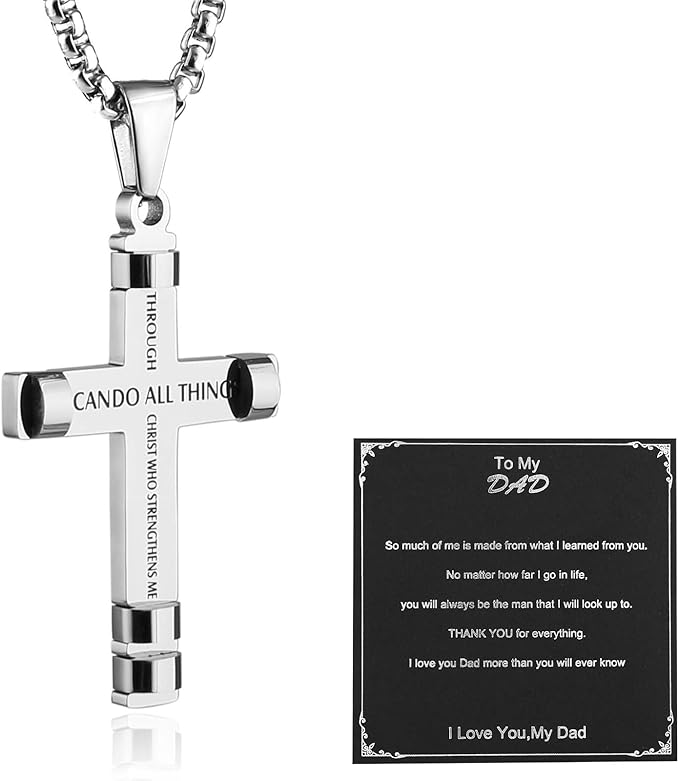 Philippians 4:13 Cross Pendant STRENGTH Bible Verse Stainless Steel Necklace 3 Colors Available