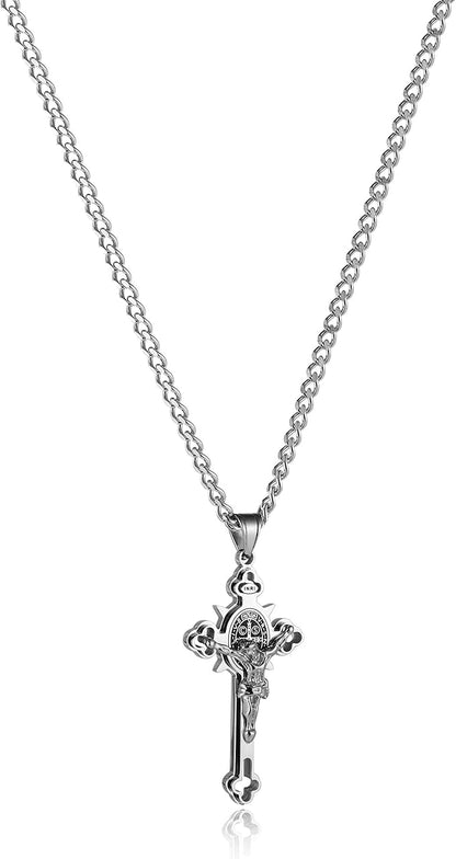 Stainless Steel Saint Benedict Crucifix Cross Pendant Necklace for Men or Women Retro Religious Christian Faith Cross Necklace
