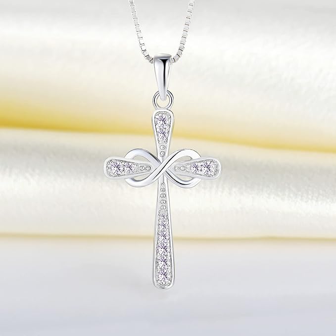 Cross Necklace Sterling Silver Infinity Crucifix Pendant Cubic Zirconia Criss Jewelry|for all ages