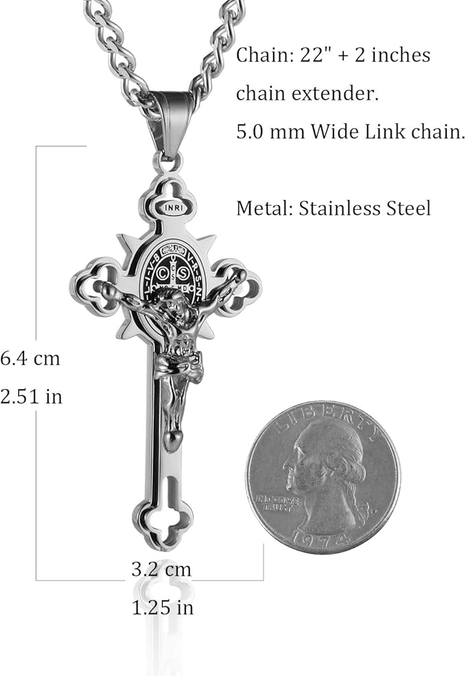 Stainless Steel Saint Benedict Crucifix Cross Pendant Necklace for Men or Women Retro Religious Christian Faith Cross Necklace