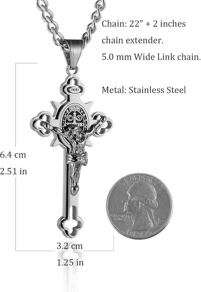 Stainless Steel Saint Benedict Crucifix Cross Pendant Necklace for Men or Women Retro Religious Christian Faith Cross Necklace