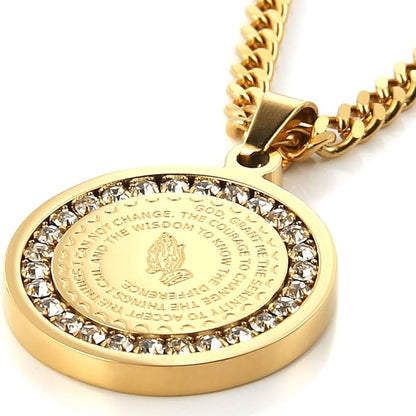 Bible Verse Prayer Necklace Christian Jewelry Gold Stainless Steel Praying Hands Coin Medal Pendant