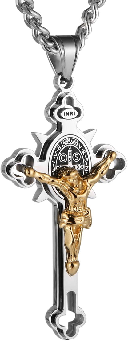 Stainless Steel Saint Benedict Crucifix Cross Pendant Necklace for Men or Women Retro Religious Christian Faith Cross Necklace