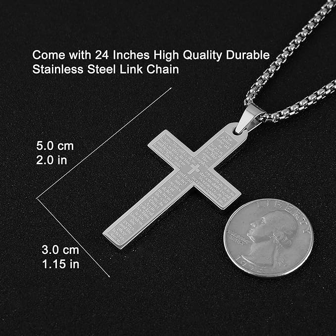 Stainless Steel Mens Womens Cross Necklace Lord's Prayer Pendant 4 Colors Available