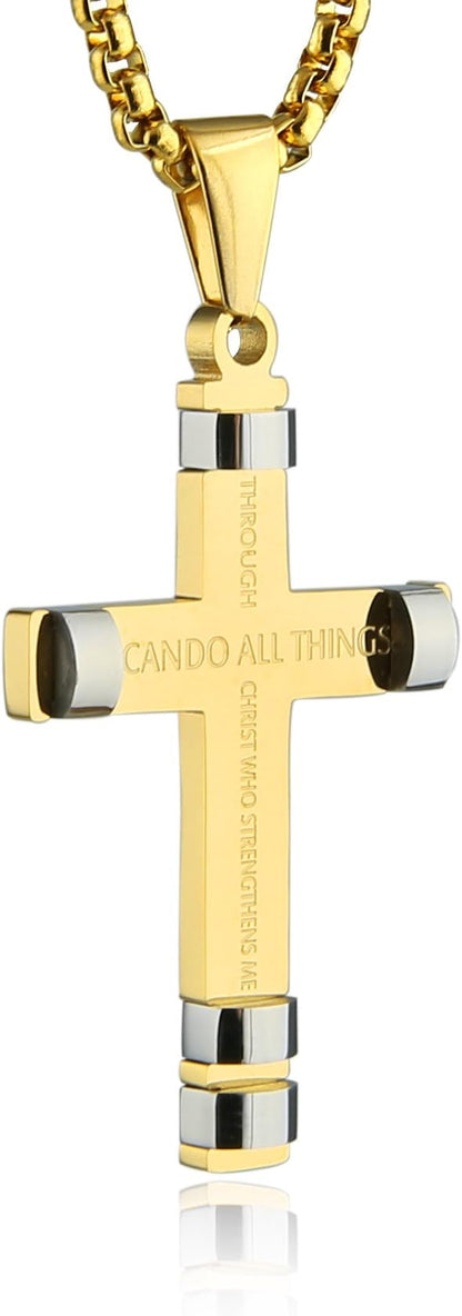 Philippians 4:13 Cross Pendant STRENGTH Bible Verse Stainless Steel Necklace 3 Colors Available