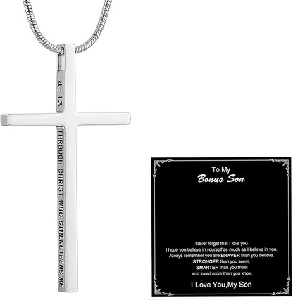 Philippians 4:13 Cross Pendant STRENGTH Bible Verse Stainless Steel Necklace