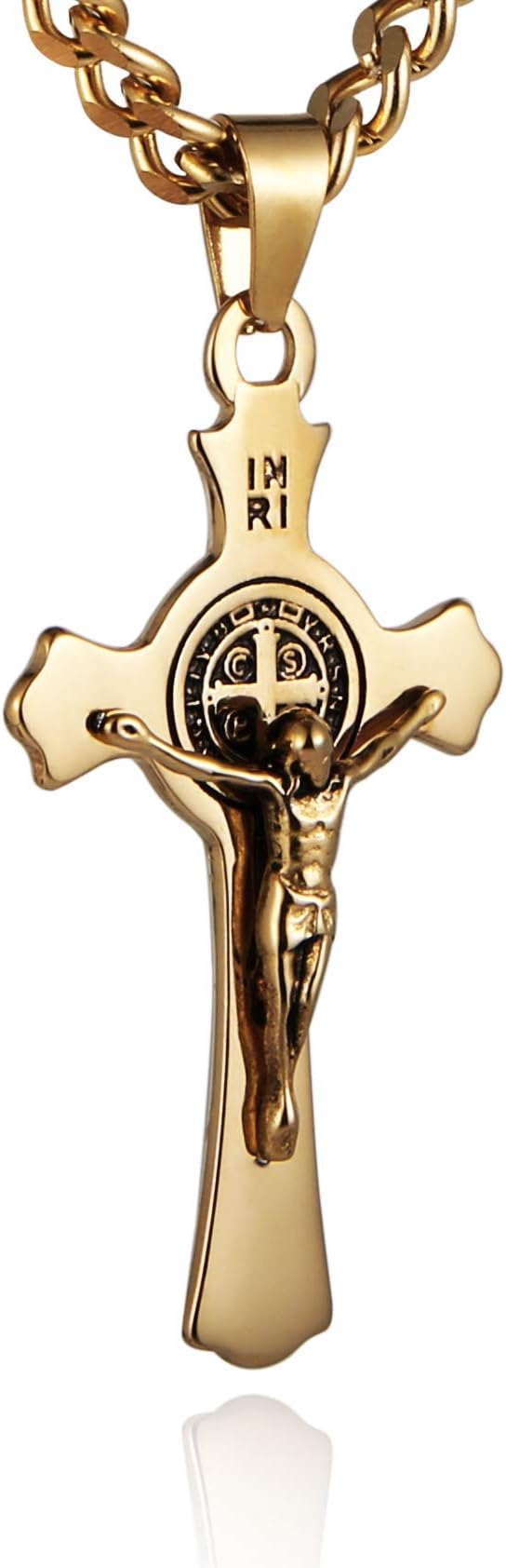 Stainless Steel Saint Benedict Crucifix Cross Pendant Necklace for Men or Women Retro Religious Christian Faith Cross Necklace