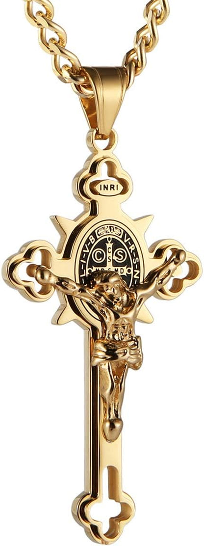 Stainless Steel Saint Benedict Crucifix Cross Pendant Necklace for Men or Women Retro Religious Christian Faith Cross Necklace