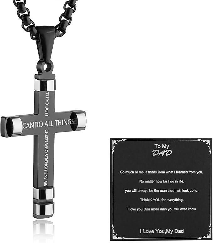 Philippians 4:13 Cross Pendant STRENGTH Bible Verse Stainless Steel Necklace 3 Colors Available