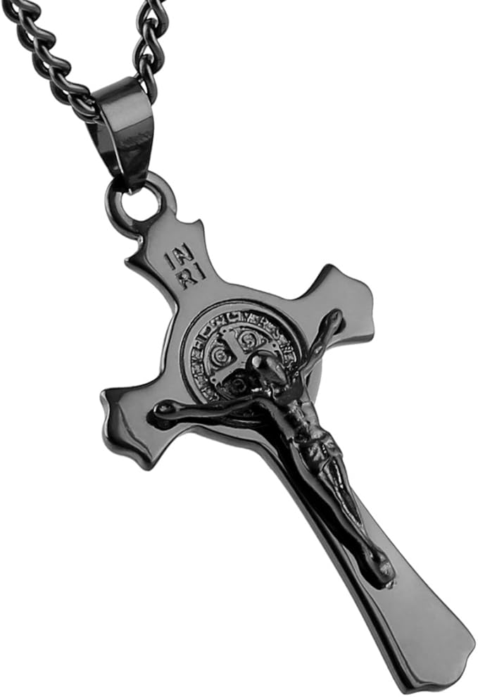 Stainless Steel Saint Benedict Crucifix Cross Pendant Necklace for Men or Women Retro Religious Christian Faith Cross Necklace