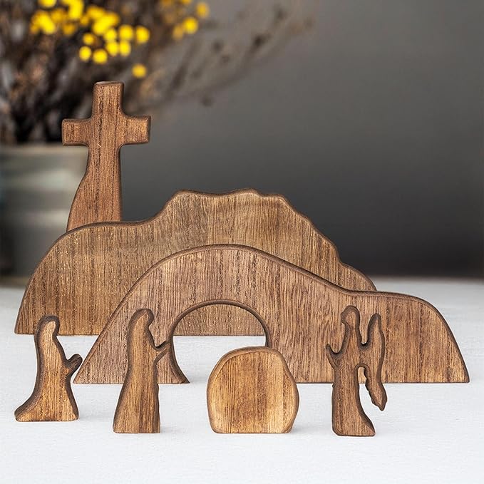 Empty Tomb Scene Decor with Cross, Wooden Jesus Tiered Tray Bundle for Home Office Tabletop