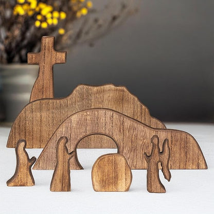 Empty Tomb Scene Decor with Cross, Wooden Jesus Tiered Tray Bundle for Home Office Tabletop