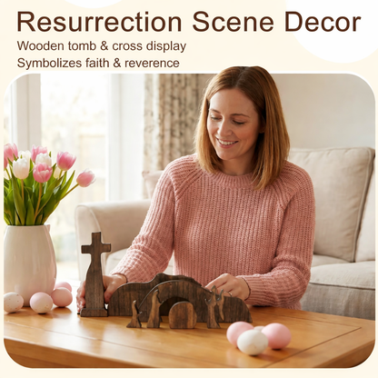 Empty Tomb Scene Decor with Cross, Wooden Jesus Tiered Tray Bundle for Home Office Tabletop