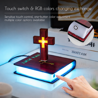 Magnetic Levitation Floating Colorful Cross LED Night Light | 360° Rotating RGB Lamp with Illuminated Wood