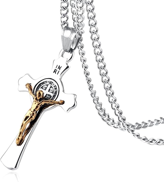 Stainless Steel Saint Benedict Crucifix Cross Pendant Necklace for Men or Women Retro Religious Christian Faith Cross Necklace