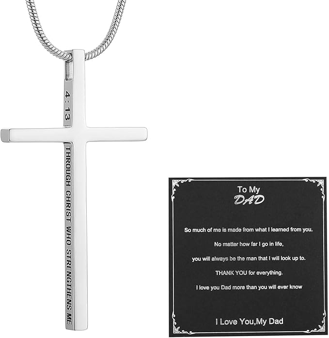Philippians 4:13 Cross Pendant STRENGTH Bible Verse Stainless Steel Necklace