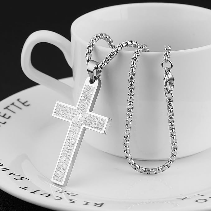 Stainless Steel Mens Womens Cross Necklace Lord's Prayer Pendant 4 Colors Available