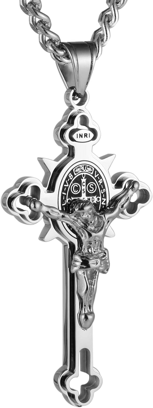Stainless Steel Saint Benedict Crucifix Cross Pendant Necklace for Men or Women Retro Religious Christian Faith Cross Necklace