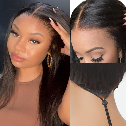 Flexi-Fit Invisi Drawstring Wig 13x4 Lace Wig PreMax Lace Wigs Silky Straight Lace Front Wigs Human Hair Pre Cut Plucked Lace Frontal 18 Inches Natural Black